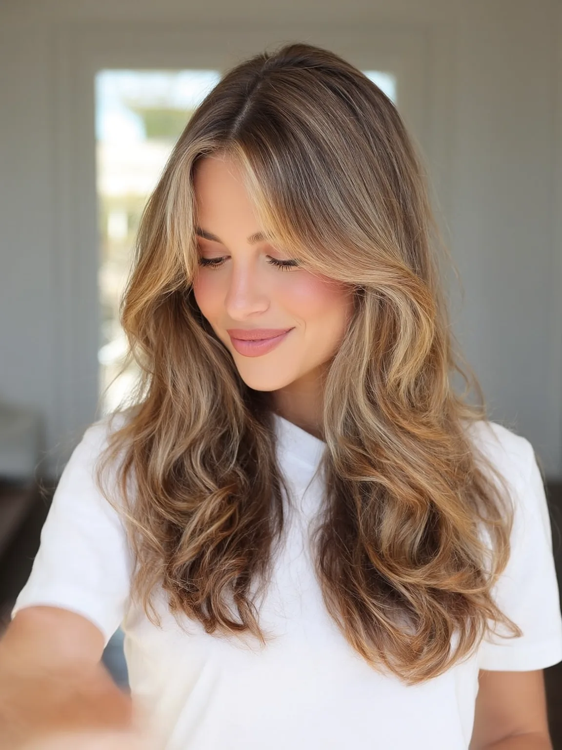 golden balayage with caramel tones long layers